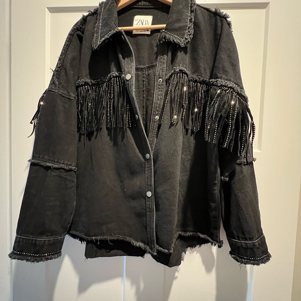 Zara Black Jean Jacket with Fringe Details